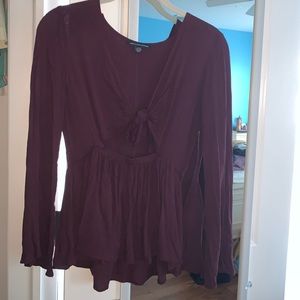 Burgundy Flare Sleeve Cutout Tie-Front Shirt